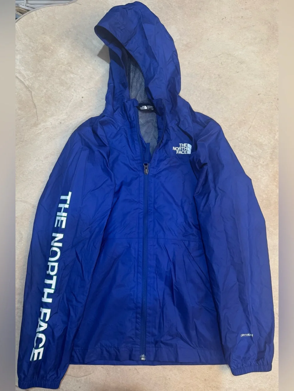The North Face Kids Blue Hooded Rain Jacket with Sleeve Logo Sz. Large (14/16)